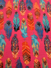 Load image into Gallery viewer, Fabric Sold By The Yard Multicolor Feathers On Stretch Hot Pink Rayon Spandex Blue Orange Feathers Soft Dress Clothing Draping
