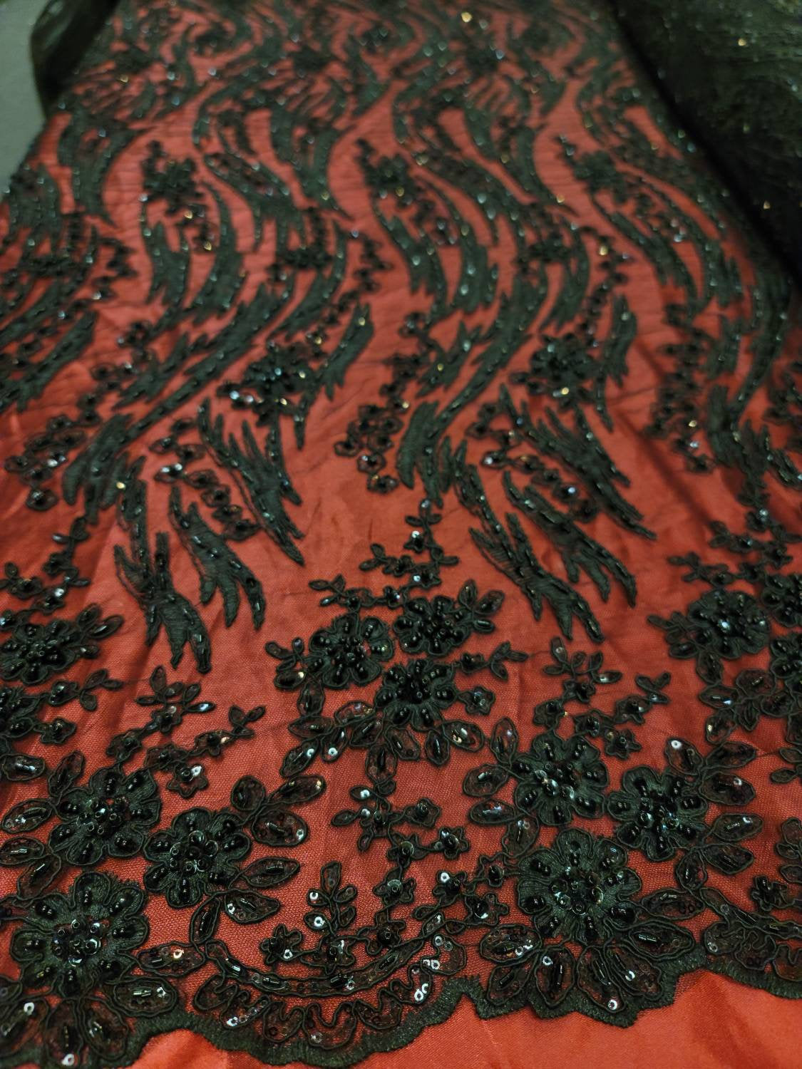 Fabric Sold By The Yard Black Beaded Lace Floral Flowers Sequin Embroi –  Diva Style Textiles