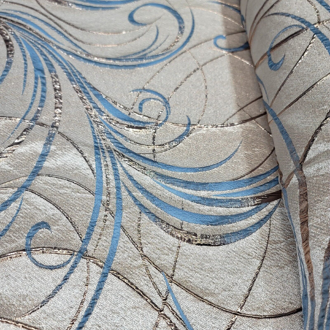 LIGHT BLUE Swirl Brocade Fabric (60 in.) Sold By The Yard GOLD METALLIC JACQUARD