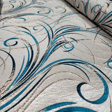 Load image into Gallery viewer, Fabric By The Yard Teal Brocade Swirls Royalty Metallic On Beige Jacquard
