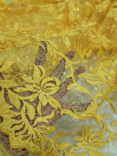 Load image into Gallery viewer, Fabric By The Yard Yellow Lace Guipure Embroidery Floral Flower Clear Sequin
