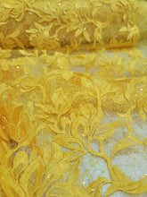 Load image into Gallery viewer, Fabric By The Yard Yellow Lace Guipure Embroidery Floral Flower Clear Sequin
