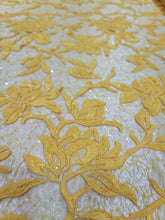 Load image into Gallery viewer, Fabric By The Yard Yellow Lace Guipure Embroidery Floral Flower Clear Sequin
