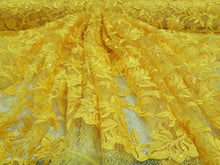 Load image into Gallery viewer, Fabric By The Yard Yellow Lace Guipure Embroidery Floral Flower Clear Sequin
