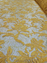 Load image into Gallery viewer, Fabric By The Yard Yellow Lace Guipure Embroidery Floral Flower Clear Sequin
