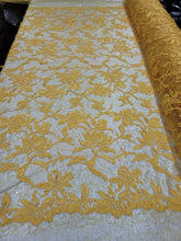 Load image into Gallery viewer, Fabric By The Yard Yellow Lace Guipure Embroidery Floral Flower Clear Sequin
