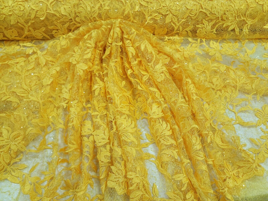 Fabric By The Yard Yellow Lace Guipure Embroidery Floral Flower Clear Sequin