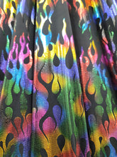 Load image into Gallery viewer, Fabric By The Yard Black Spandex Fire Flames Rainbow Metallic Pleather Stretch Multicol
