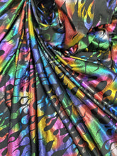 Load image into Gallery viewer, Fabric By The Yard Black Spandex Fire Flames Rainbow Metallic Pleather Stretch Multicol
