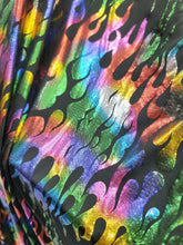 Load image into Gallery viewer, Fabric By The Yard Black Spandex Fire Flames Rainbow Metallic Pleather Stretch Multicol
