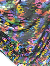 Load image into Gallery viewer, Fabric By The Yard Black Spandex Fire Flames Rainbow Metallic Pleather Stretch Multicol
