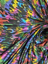 Load image into Gallery viewer, Fabric By The Yard Black Spandex Fire Flames Rainbow Metallic Pleather Stretch Multicol
