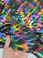 Load image into Gallery viewer, Fabric By The Yard Black Spandex Fire Flames Rainbow Metallic Pleather Stretch Multicol
