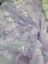 Load image into Gallery viewer, Fabric By The Yard 3d Floral Flowers Lavender Lace Embroidery Iridescent Sequins
