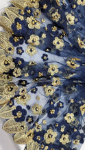 Load image into Gallery viewer, Embroidered Beads Lace Navy Blue Mesh 3d Gold Flower Fabric By The Yard Quinceañ
