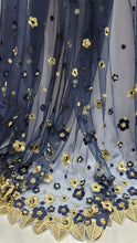 Load image into Gallery viewer, Embroidered Beads Lace Navy Blue Mesh 3d Gold Flower Fabric By The Yard Quinceañ
