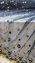 Load image into Gallery viewer, Embroidered Beads Lace Navy Blue Mesh 3d Gold Flower Fabric By The Yard Quinceañ
