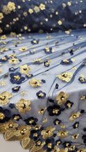 Load image into Gallery viewer, Embroidered Beads Lace Navy Blue Mesh 3d Gold Flower Fabric By The Yard Quinceañ
