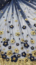 Load image into Gallery viewer, Embroidered Beads Lace Navy Blue Mesh 3d Gold Flower Fabric By The Yard Quinceañ
