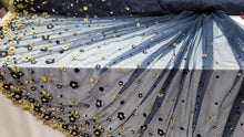 Load image into Gallery viewer, Embroidered Beads Lace Navy Blue Mesh 3d Gold Flower Fabric By The Yard Quinceañ
