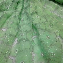 Load image into Gallery viewer, Embroidered Beaded Lace Apparel Fabric By The Yard Sheer Floral Apple Green
