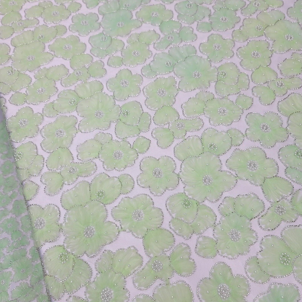 Embroidered Beaded Lace Apparel Fabric By The Yard Sheer Floral Apple Green