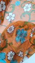 Load image into Gallery viewer, Fishnet Orange Fabric Blue Floral Embroidery Lace Fabric By The Yard White Flower
