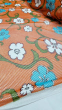 Load image into Gallery viewer, Fishnet Orange Fabric Blue Floral Embroidery Lace Fabric By The Yard White Flower
