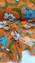 Load image into Gallery viewer, Fishnet Orange Fabric Blue Floral Embroidery Lace Fabric By The Yard White Flower
