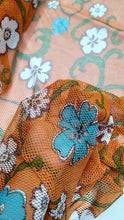 Load image into Gallery viewer, Fishnet Orange Fabric Blue Floral Embroidery Lace Fabric By The Yard White Flower
