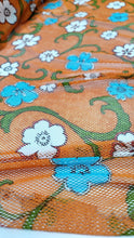 Load image into Gallery viewer, Fishnet Orange Fabric Blue Floral Embroidery Lace Fabric By The Yard White Flower
