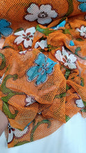 Load image into Gallery viewer, Fishnet Orange Fabric Blue Floral Embroidery Lace Fabric By The Yard White Flower
