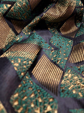 Load image into Gallery viewer, HUNTER GREEN BROCADE JACQUARD FABRIC BY YARD GOLD METALLIC BLACK TEXTURED
