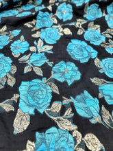 Load image into Gallery viewer, Fabric Sold By The Yard Black Organza Brocade Turquoise Floral Gold Accent Shee
