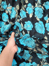 Load image into Gallery viewer, Fabric Sold By The Yard Black Organza Brocade Turquoise Floral Gold Accent Shee
