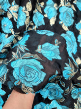 Load image into Gallery viewer, Fabric Sold By The Yard Black Organza Brocade Turquoise Floral Gold Accent Shee
