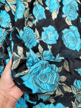 Load image into Gallery viewer, Fabric Sold By The Yard Black Organza Brocade Turquoise Floral Gold Accent Shee
