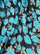 Load image into Gallery viewer, Fabric Sold By The Yard Black Organza Brocade Turquoise Floral Gold Accent Shee
