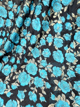 Load image into Gallery viewer, Fabric Sold By The Yard Black Organza Brocade Turquoise Floral Gold Accent Shee
