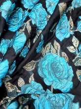 Load image into Gallery viewer, Fabric Sold By The Yard Black Organza Brocade Turquoise Floral Gold Accent Shee
