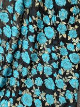 Load image into Gallery viewer, Fabric Sold By The Yard Black Organza Brocade Turquoise Floral Gold Accent Shee
