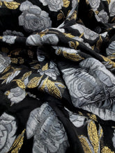 Load image into Gallery viewer, Silver Floral Black Organza Brocade Fabric Sold By The Yard FOR DRESS Home Decor
