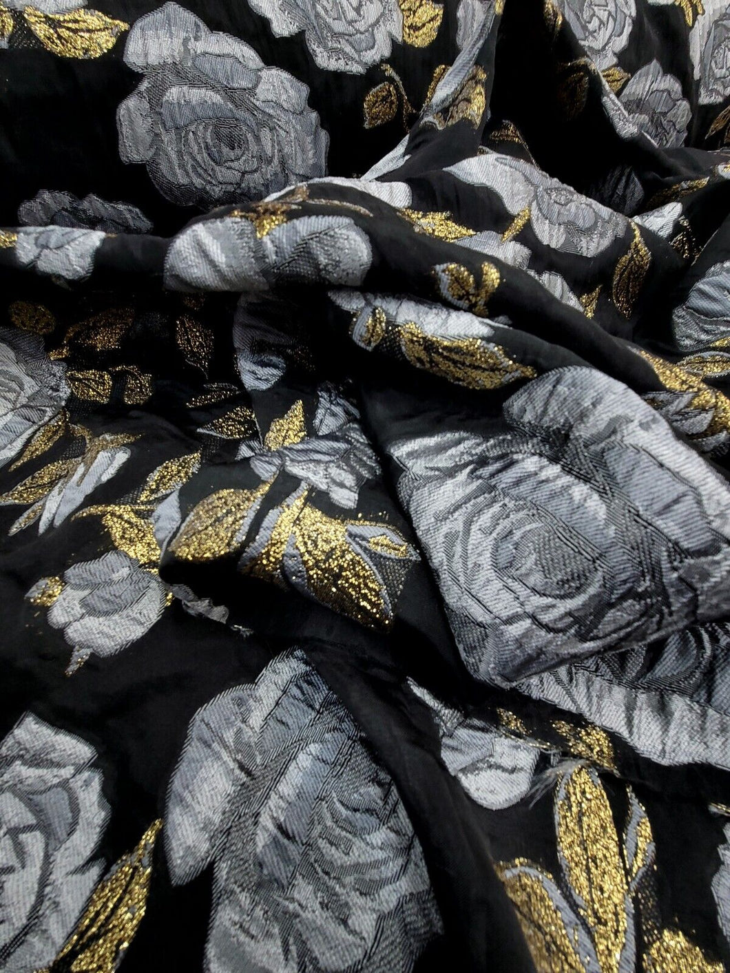 Silver Floral Black Organza Brocade Fabric Sold By The Yard FOR DRESS Home Decor