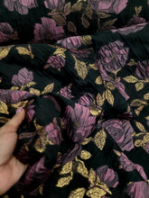 Load image into Gallery viewer, Mauve Floral Brocade Fo Dress Fabric Sold By The Yard Frech Sheer Black Organza
