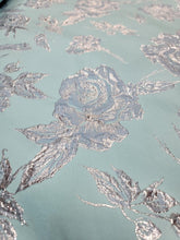 Load image into Gallery viewer, Fabric Sold By The Yard Aqua Blue Metallic Silver Brocade Sewing Fabric Embossed
