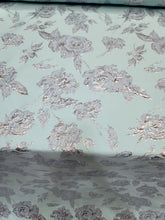 Load image into Gallery viewer, Fabric Sold By The Yard Aqua Blue Metallic Silver Brocade Sewing Fabric Embossed
