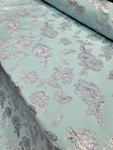 Load image into Gallery viewer, Fabric Sold By The Yard Aqua Blue Metallic Silver Brocade Sewing Fabric Embossed
