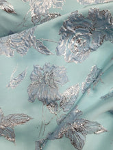 Load image into Gallery viewer, Fabric Sold By The Yard Aqua Blue Metallic Silver Brocade Sewing Fabric Embossed
