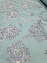 Load image into Gallery viewer, Fabric Sold By The Yard Aqua Blue Metallic Silver Brocade Sewing Fabric Embossed
