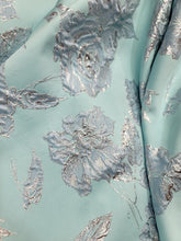 Load image into Gallery viewer, Fabric Sold By The Yard Aqua Blue Metallic Silver Brocade Sewing Fabric Embossed
